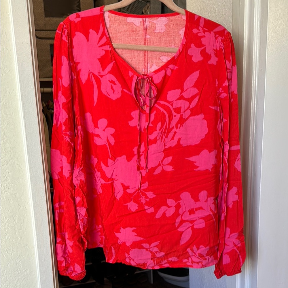 Vibrant Red & Pink Tie Detail Blouse